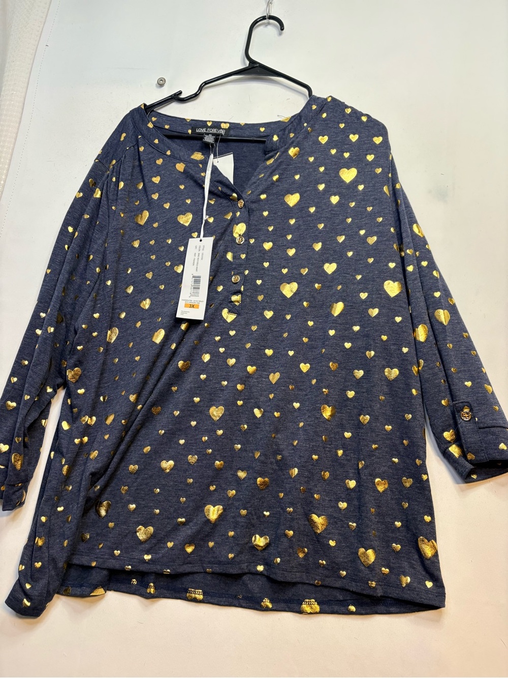 Navy Top with Metallic Gold Hearts 3x Henley